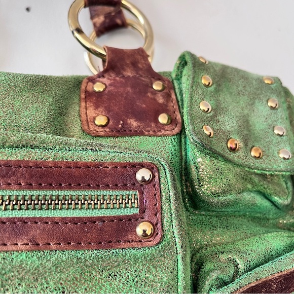 Vintage Y2K Betsey Johnson Metallic Green Leather Studded Cargo Bag - Picture 4 of 16